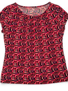 Worthington Petite PL Geometric Print Top, Stretchy Short Sleeve Office Blouse